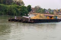 Traffic of vessels and boats on river, extraction of sand Royalty Free Stock Photo