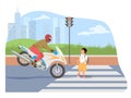 Traffic violation scene with little boy kid and motorcyclist