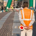 Traffic warden man with paddle