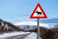 Traffic warning sign with moose near a road in arctic Norway, Ringvassoya Royalty Free Stock Photo