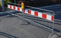 trafic red white stripes orange light stom cars protection sign police path stop parking metal fence prohibited pass way safety Royalty Free Stock Photo