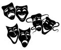Tragedy and comedy theater masks set. Collection of theater masks. Black and white illustration of carnival masks