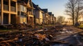 The tragedy in the suburbs: Tornado destroys buildings and trees Royalty Free Stock Photo