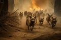 Tragic scene of wildlife fleeing from a raging wildfire. Generative AI