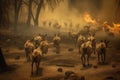 Tragic scene of wildlife fleeing from a raging wildfire. Generative AI