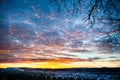 Tragic sky, yellow-pink clouds, sunrise or sunset