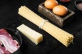 Traidtional Italian Pasta Carbonara Ingredients. Bacon, Spaghetti, Parmesan and pecorino cheese, egg, garlic, on black wooden Royalty Free Stock Photo