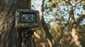 Trail camera mounted on tree in woods Royalty Free Stock Photo