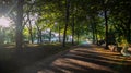 Trail in a city park, cobblestone walkway. Rotterdam, Netherlands