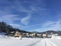 Trail for cross-country skiing with scenic winter snow landscape in Tirol in Achenkirch