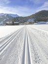 Trail for cross-country skiing with scenic winter snow landscape in Tirol in Achenkirch