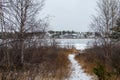 Trail down to a frozen frame lake in Yellowknife NT Royalty Free Stock Photo