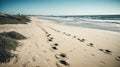 Trail of footprints on empty beach with no people. Tropical island summer vacation