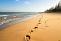 a trail of footprints leading to the ocean shore