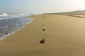 Trail of footsteps in the sand of a deserted beach