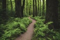A serene path winds through a lush, green forest