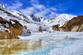 Trail on frozen river in mountains of Eastern Sayan