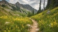 trail leading onto mountains with flowering meadows. Generative AI