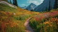 trail leading onto mountains with flowering meadows. Generative AI