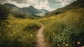 trail leading onto mountains with flowering meadows. Generative AI