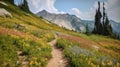 trail leading onto mountains with flowering meadows. Generative AI