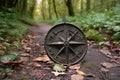 a trail marker made of cast-iron, with a compass rose and arrow pointing in the direction of travel