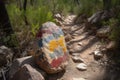 trail marker made of painted rock on a rugged trail
