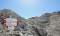 Trail marker in the mountain path with place in italian language Royalty Free Stock Photo