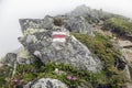 Trail marking on mountains. Painted mark in red and white for tourist, hikers and trekkers. It helps to navigate walker during