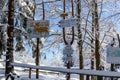 Trail markings and directional signposts covered with fresh snow in winter on Hala Slowianka, Beskid Zywiecki mountains.
