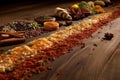 a trail of mixed spices snaking through a wooden surface