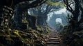 Trail through a mysterious dark old forest in fog Autumn Magical atmosphere. Fairytale generative ai Royalty Free Stock Photo