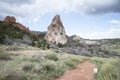 A trail and Praying Hands rock formation in the Garden of the Gods in Colorado Springs.