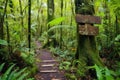 a trail in the rainforest with marked signs for hikers