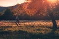 Trail runner athlete train on the meadow in warm sunset light Royalty Free Stock Photo