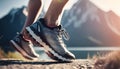 Trail runner feet, close up on sneaker shoes. Running, jogging in the mountains, nature.