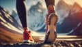 Trail runner feet, close up on sneaker shoes. Running, jogging in the mountains, nature.