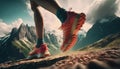 Trail runner feet, close up on sneaker shoes. Running, jogging in the mountains, nature.