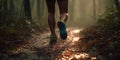 Trail runner running on forest path at dawn with abstract bokeh light. Generative AI Royalty Free Stock Photo