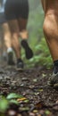 Trail runners in action, focus on muscular legs on a muddy forest path Royalty Free Stock Photo