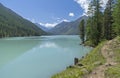 The trail runs along the shore of the Kucherla lake. Altai Mount