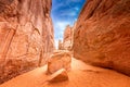 Trail between sandstone formation to the Sand Dune Arch, Arches National Park Utah Royalty Free Stock Photo