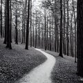 A trail in the secret woods, outdoor park, nature landscape, black and white, generative ai