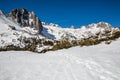 Trail through snow in the North Fork of Big Pine Creek headed toward Temple Crag on the left and North Palisade in the distance