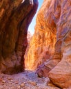 The trail between tall sandstone walls in Buckskin Gulch canyon, Paria Canyon-Vermilion Cliffs Wilderness, near the Utah-Arizona b Royalty Free Stock Photo