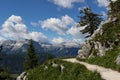 Trail to the Mount Jenner at the Berchtesgadener Land. Beautiful Alps mountains view. Blooming meadows and hiking path