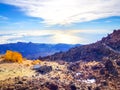 Trail at the top of the Teide with view of the caldera and the island of Tenerife