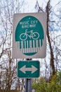 Trail and warning signs along the Shelby Bottoms Greenway and Natural Area Cumberland River frontage trails, Music City Nashville,