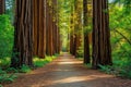 A trail winding through a dense forest, surrounded by tall trees that cast shadows on the path, An alley of towering redwood trees