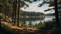 Atmospheric Hiking Scene: Lake, Pine Trees, And Serenity Royalty Free Stock Photo